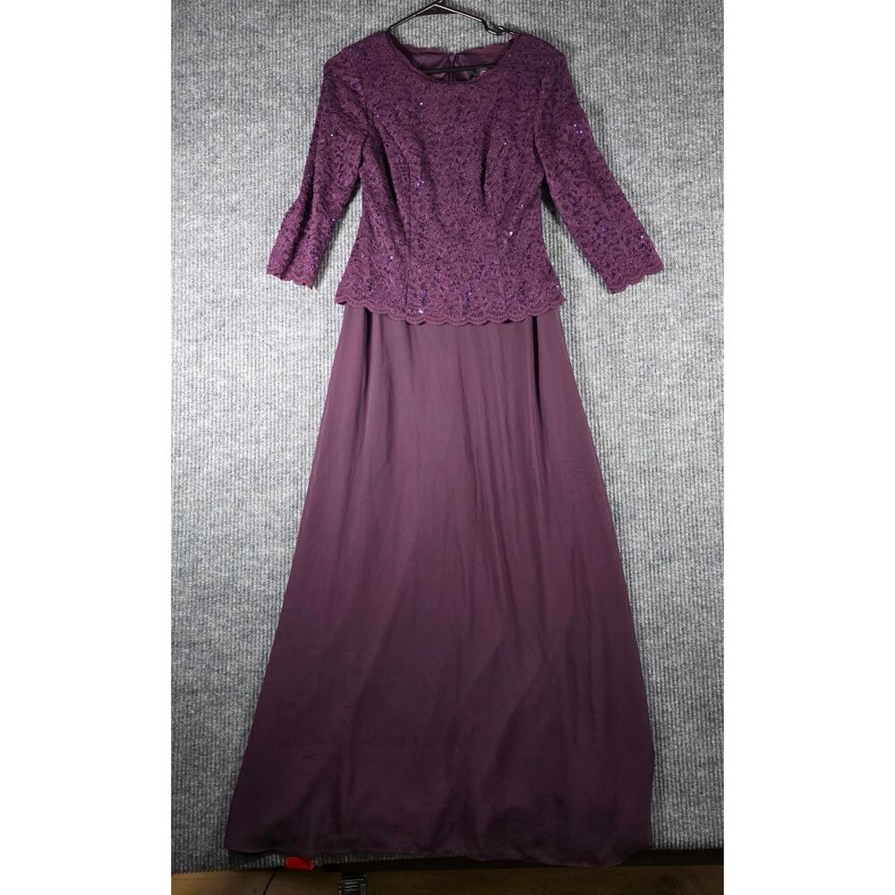 Alex Evenings Plum Lace Sequin Gown Maxi Dress‎ 3/4 Sleeve Size 8